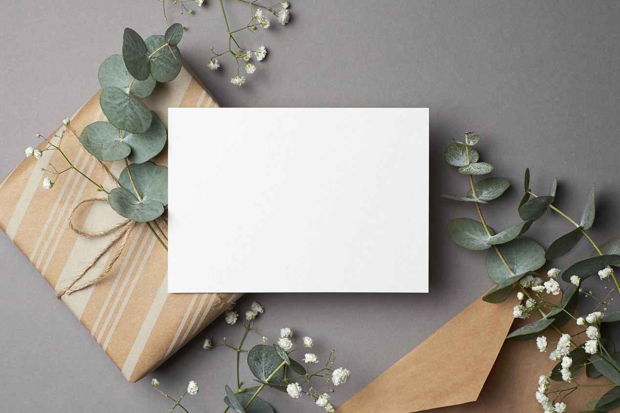 Greeting Card Mockup with Gift Box and Flowers